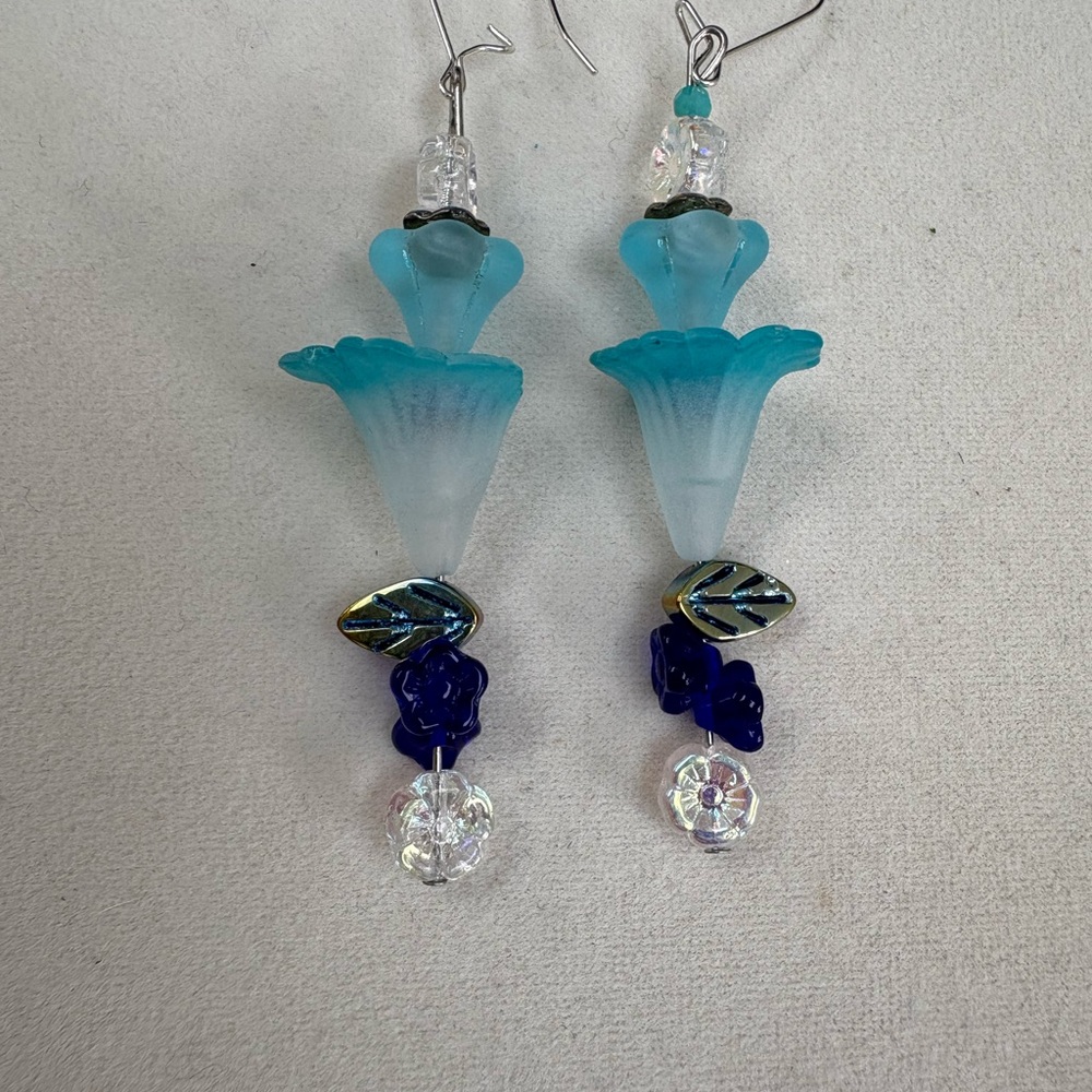 Cascading Blue and Silver Beaded Earrings